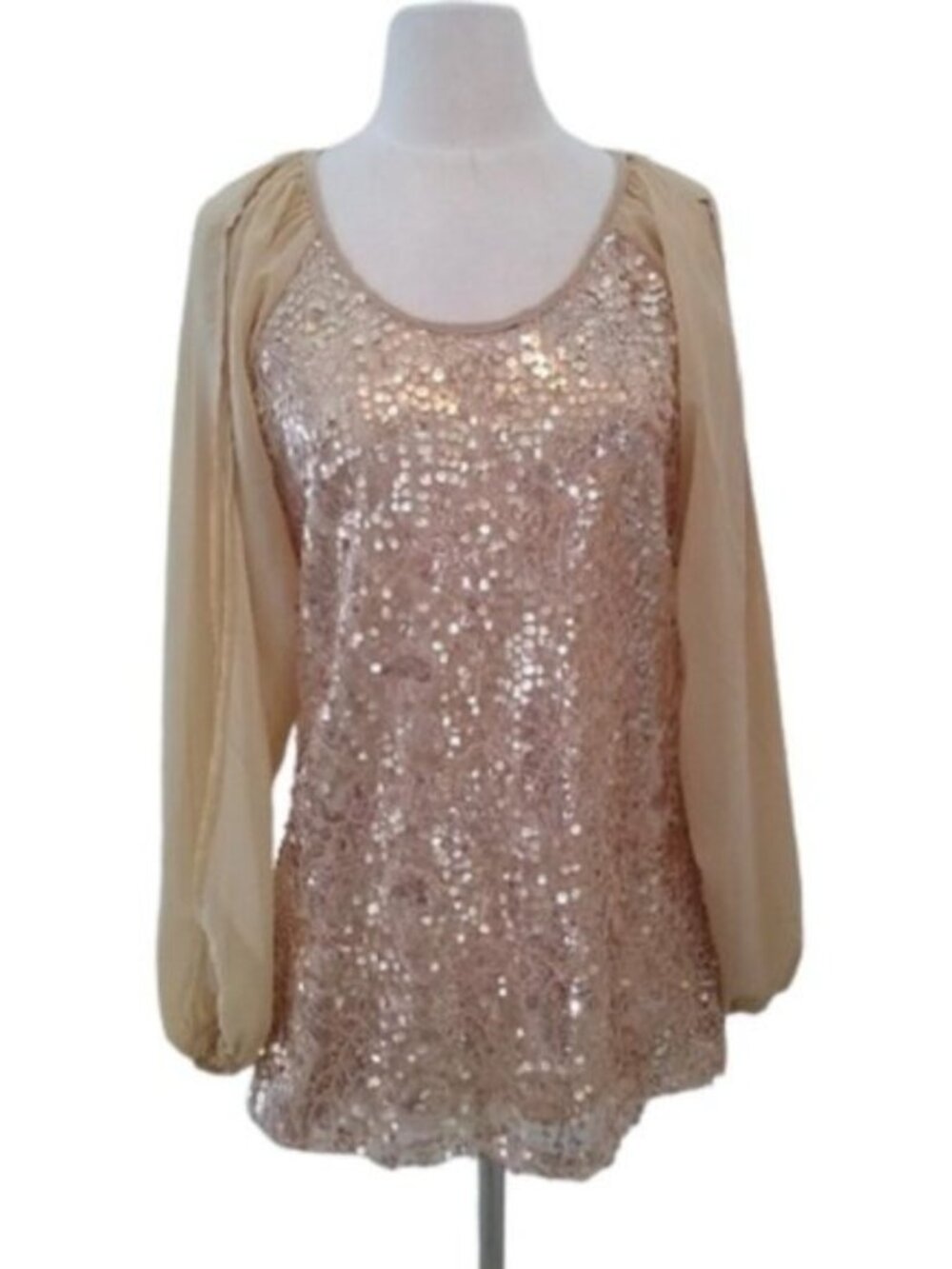 American Glamour Badgley Mischka Gold Sequin Top Blouse, Size XS